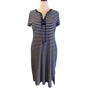 Chaps Womens XL Navy Blue White Striped Lace Up V-Neck Cotton Midi Dress